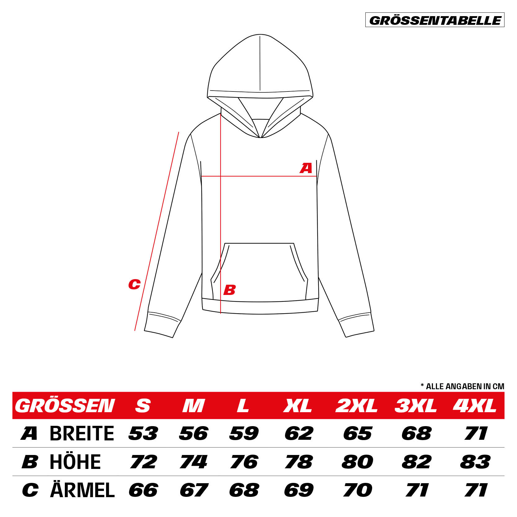 Size chart discount jaket hoodie