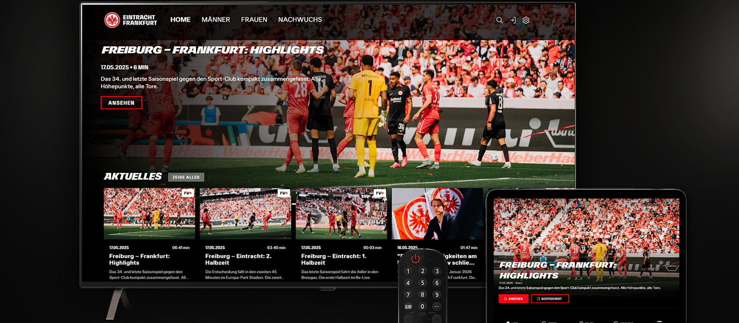 Screenshot der Eintracht Frankfurt Smart-TV App auf einem Fernseher und einem Tablet.