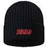 Vorderseite: Schwarze Eintracht Frankfurt Fisherman Beanie mit rotem "1899" Stick am Umschlag.