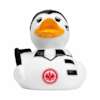 Vorderansicht einer weißen Eintracht Frankfurt Badeente als Lady mit Dutt, Schal und Eintracht Logo.