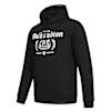 Bild leicht seitlich: Schwarzer Eintracht Frankfurt Hoodie "FÜR IMMER Waldstadion" mit weißem Waldstadion-Motiv.