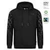 Bild Vorderseite: Schwarzer Hoodie mit Gerippte Muster an den Ärmeln und FFM-Schriftzug. Rechts abgebildet sind Nachhaltigkeits-Siegel.