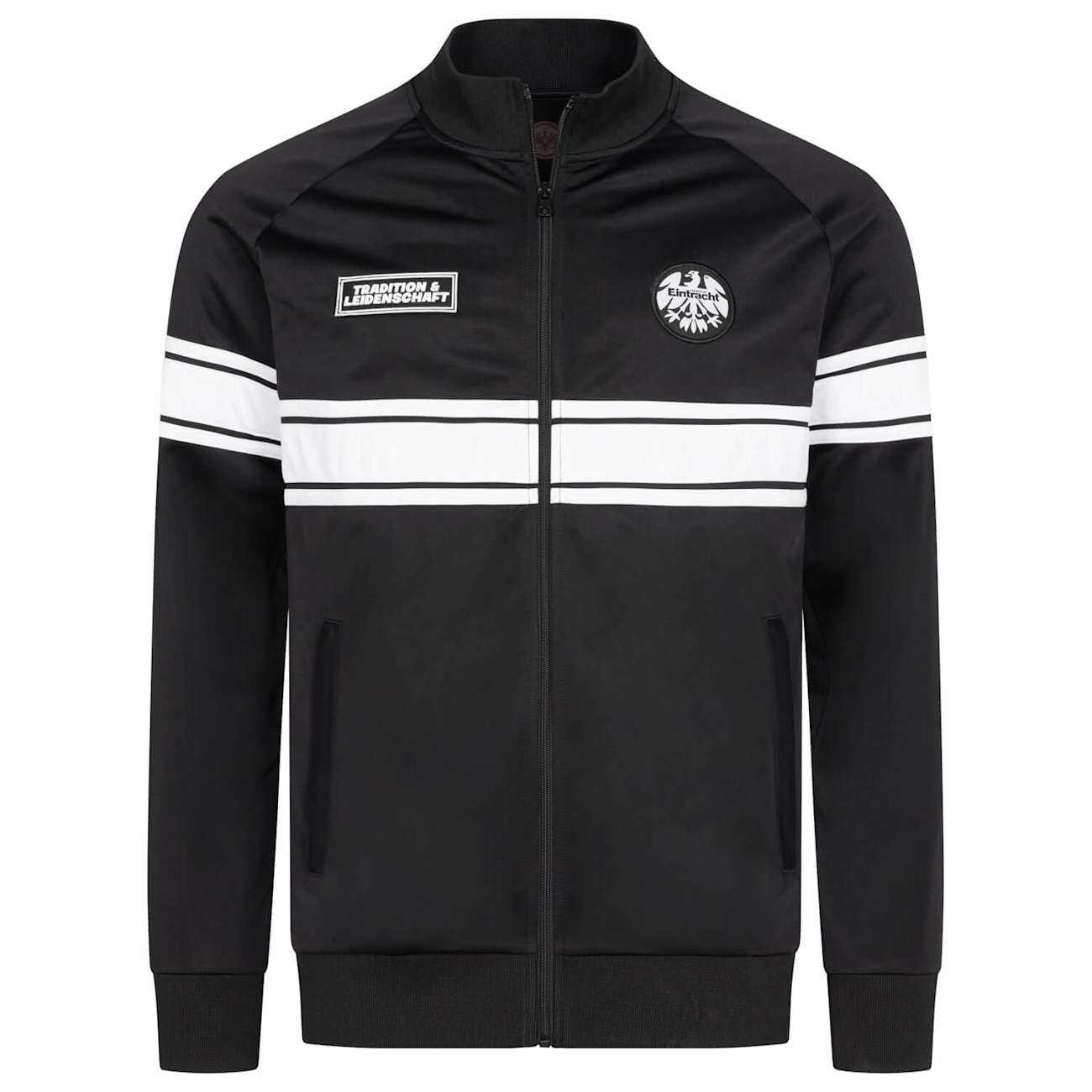 Schwarze Eintracht Frankfurt Trainingsjacke mit weißen Querstreifen, Adler-Logo und "Tradition & Leidenschaft"-Patch auf der Brust