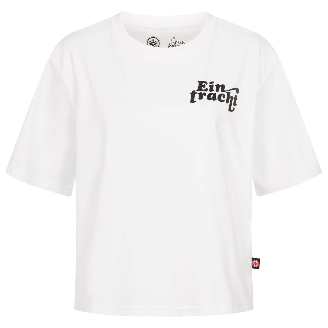 Weißes Eintracht T-Shirt Vorderansicht. Schwarzer kleiner Eintracht-Schriftzug auf der Brust.