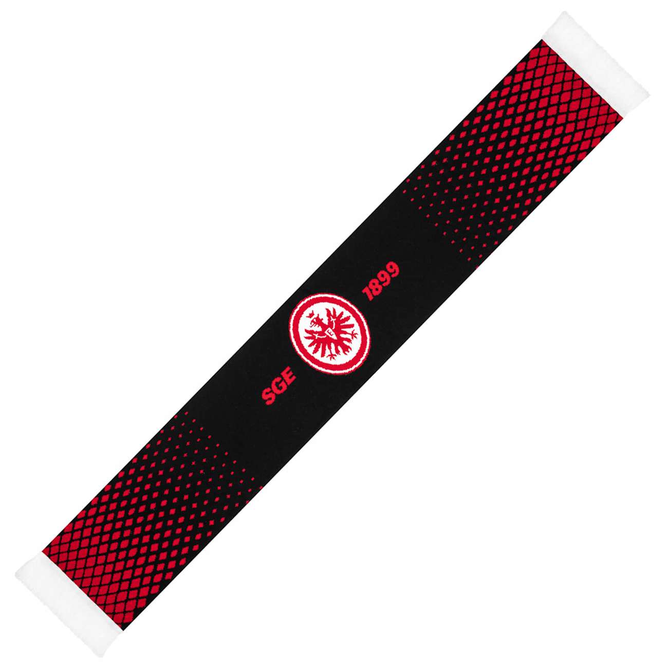 Vorderseite (rot): Schwarzer Eintracht Frankfurt Schal mit rotem Rautenmuster, Adler-Logo, „SGE“ und „1899“-Schriftzug.