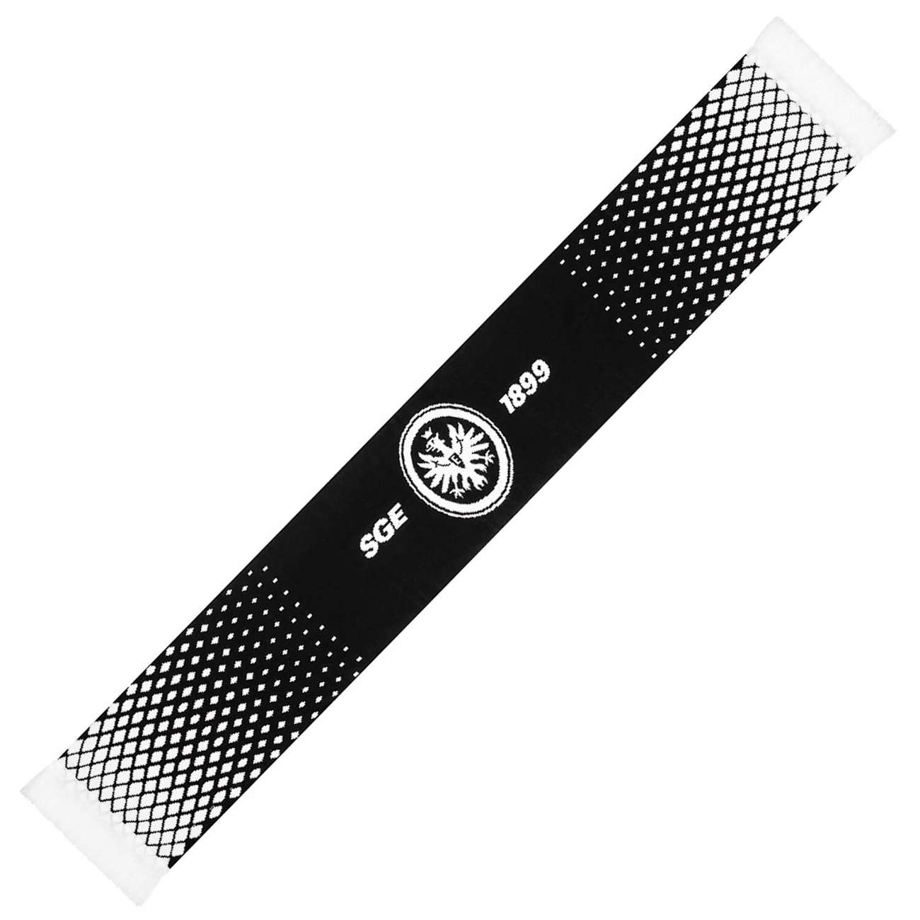 Rückseite (weiß): Schwarzer Schal mit weißem Rautenmuster, Eintracht Adler-Logo sowie „SGE“ und „1899“-Text.