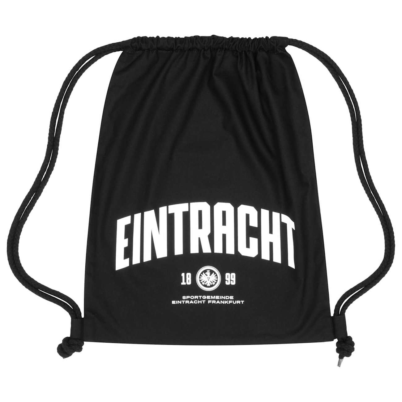 Eintracht Frankfurt schwarzer Turnbeutel, weiße "EINTRACHT" Schrift, Logo und "SPORTGEMEINDE EINTRACHT FRANKFURT".