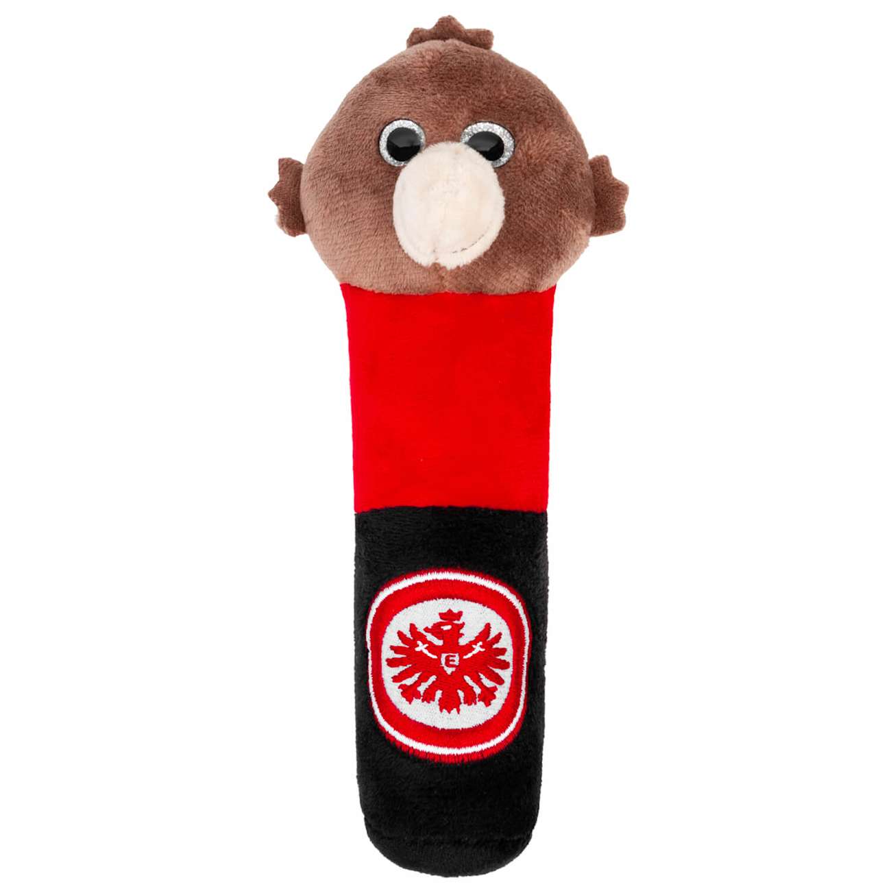 Ein braunes Eintracht Frankfurt Maskottchen-Handpuppe mit rotem Halsband und Logo auf schwarzem Grund.