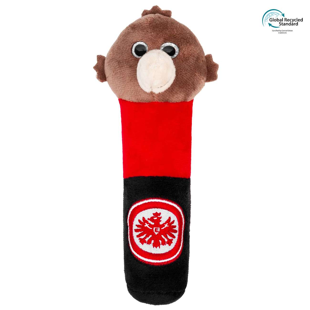 Ein braunes Eintracht Frankfurt Maskottchen-Handpuppe mit rotem Halsband und Logo auf schwarzem Grund.