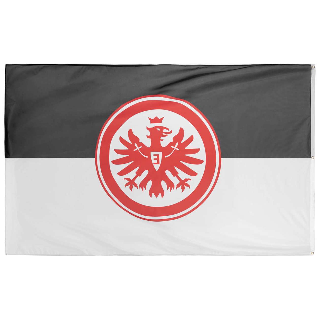 Rückseite: Eine schwarz-weiße Eintracht Frankfurt Fahne mit großem roten Adler-Logo in der Mitte.