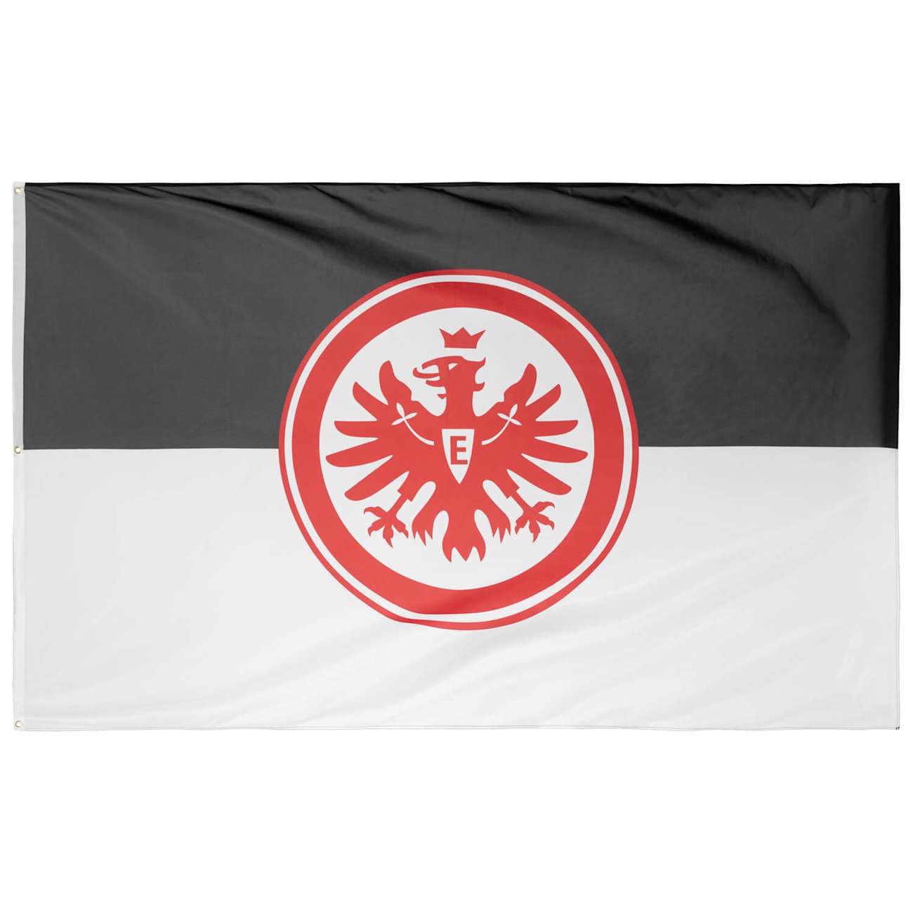 Vorderseite: Eine schwarz-weiße Eintracht Frankfurt Fahne mit großem roten Adler-Logo in der Mitte.