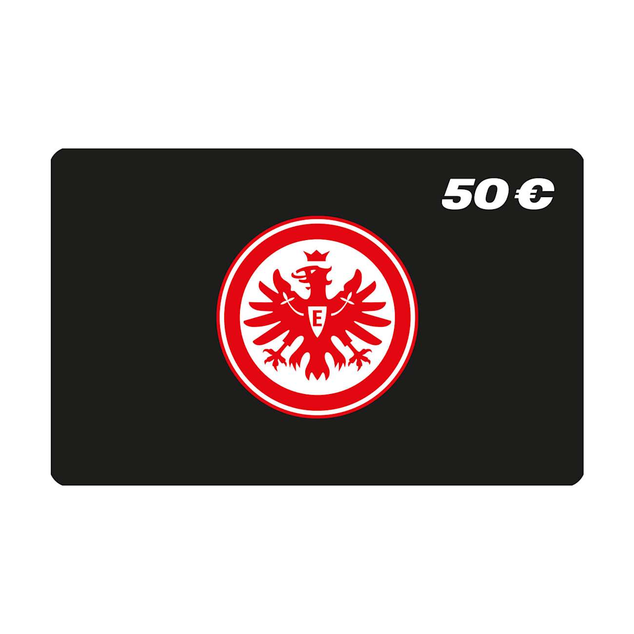 Schwarze Eintracht Frankfurt Gutscheinkarte mit rotem Logo und Wert von 50 €.