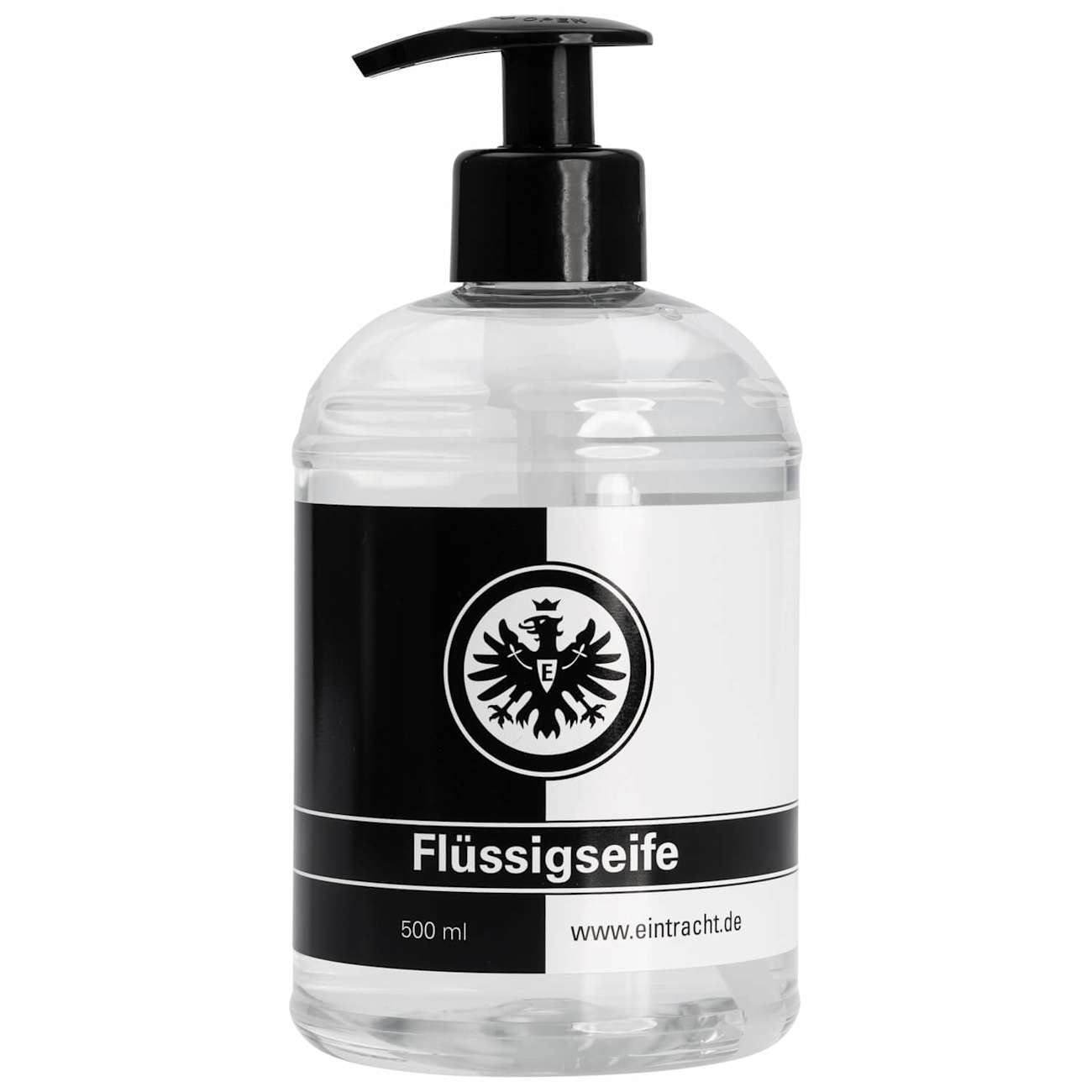 Vorderseite: Flüssigseife mit schwarzem Eintracht Frankfurt Adler-Logo auf schwarz-weißem Hintergrund.