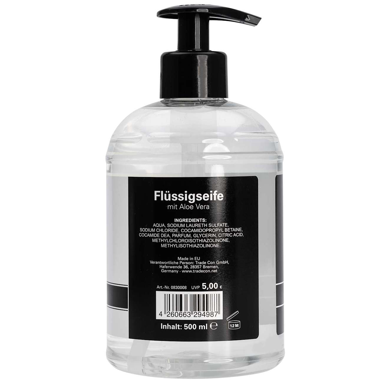 Rückseite: Transparente Flüssigseifenflasche mit schwarzem Etikett, Inhaltsstoffen und Barcode.