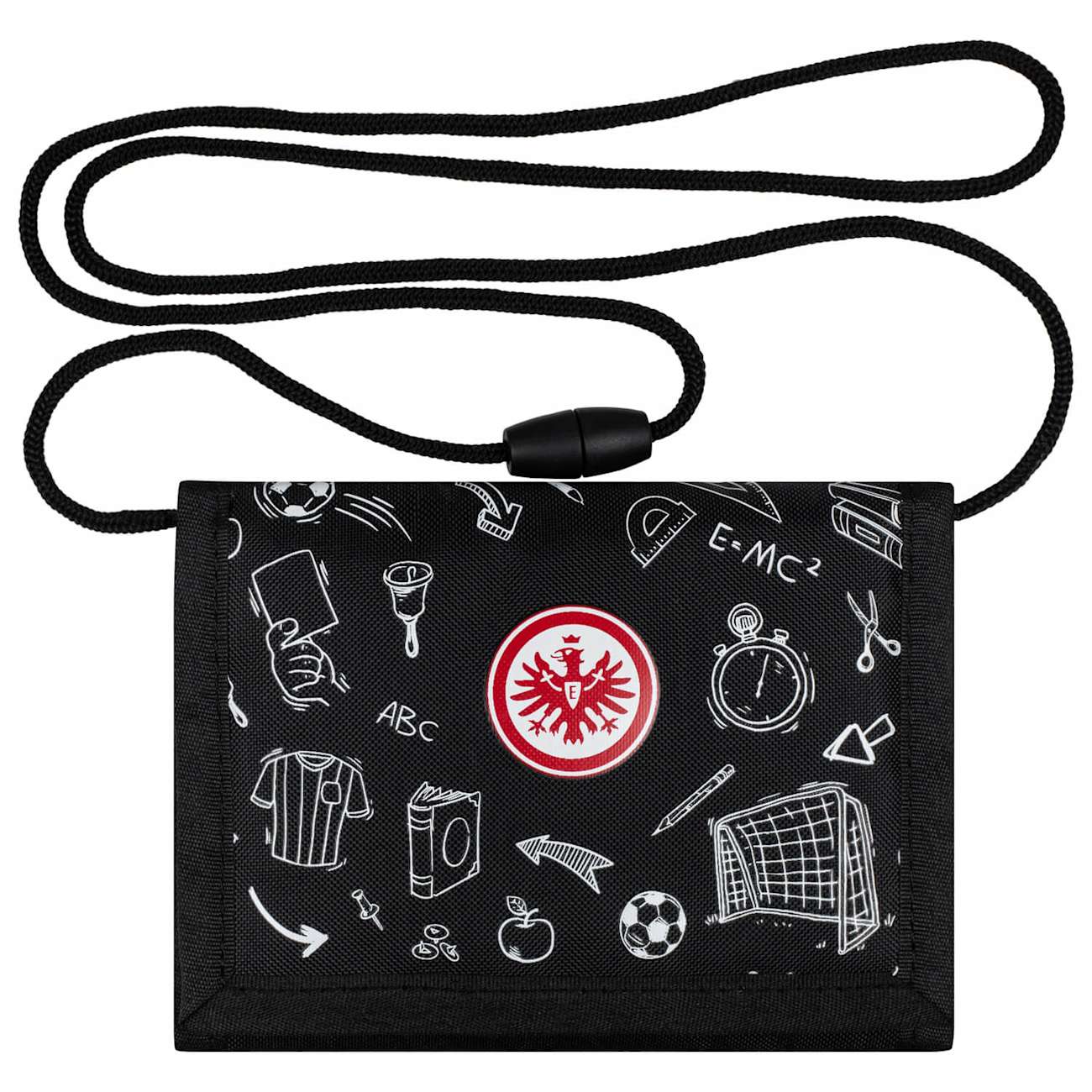 Bild Vorderseite: Schwarzer Eintracht Frankfurt Brustbeutel "School Scribble" mit Adler-Logo und weißer Schul-Motiv-Zeichnung, inkl. Band.