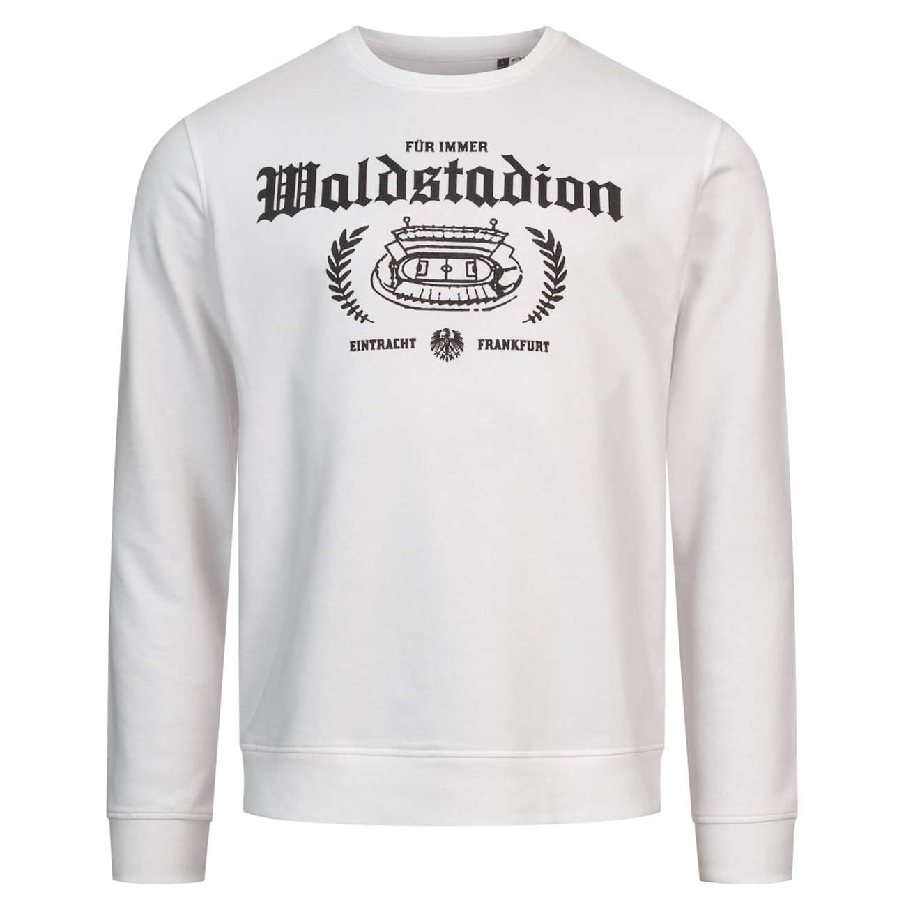 Bild Vorderseite: Weißes Eintracht Frankfurt Sweatshirt "FÜR IMMER Waldstadion" mit schwarzem Waldstadion-Motiv.