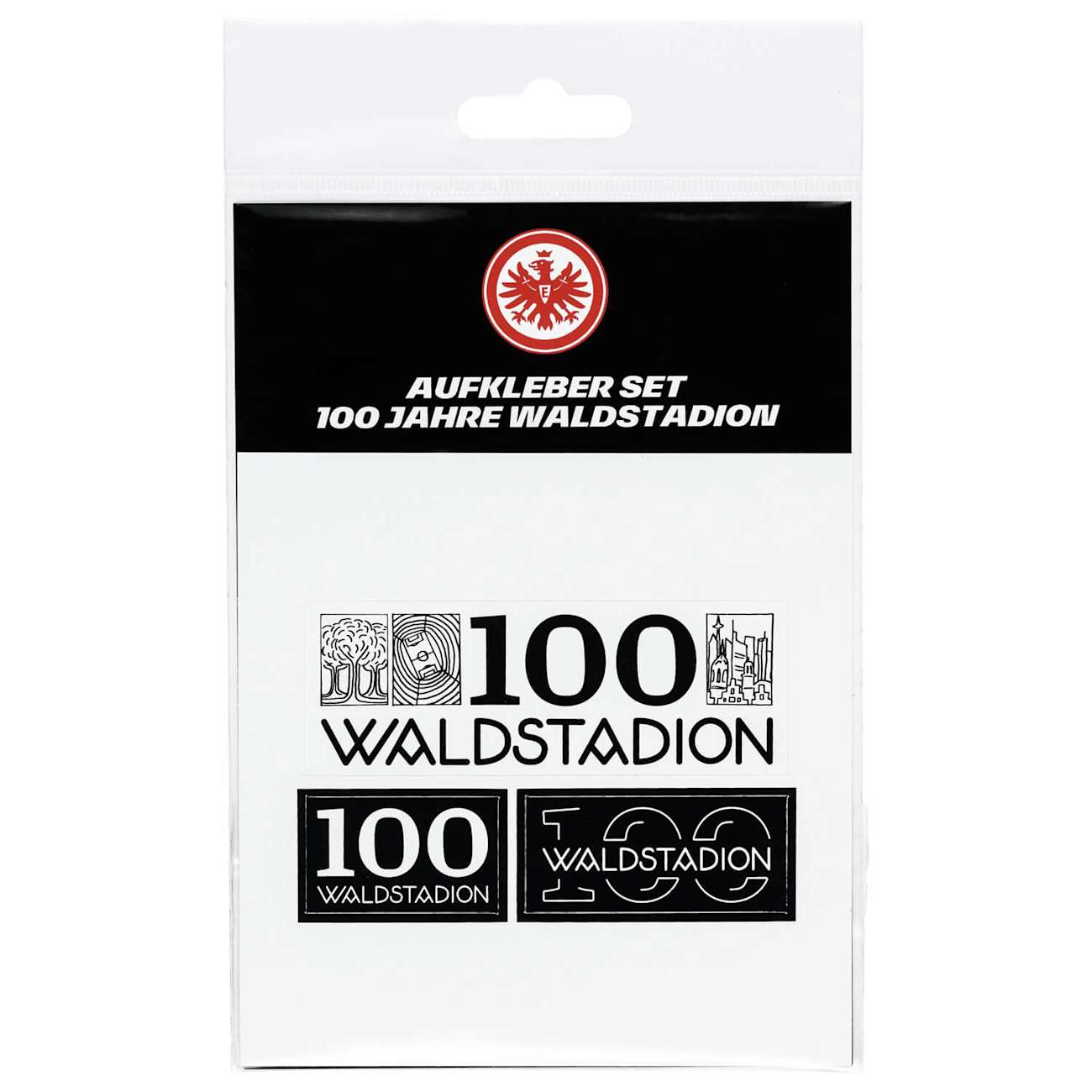 Bild Vorderseite: Verpacktes Eintracht Frankfurt "100 Jahre Waldstadion" Aufkleber-Set mit verschiedenen Waldstadion-Logos.