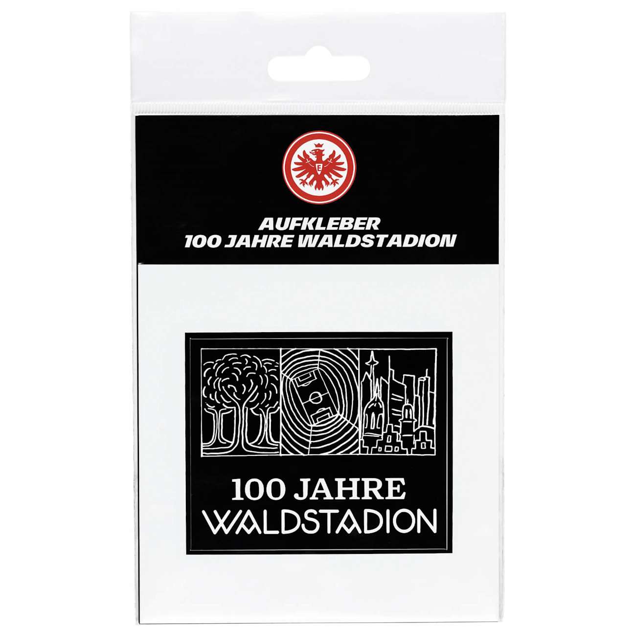 Bild Vorderseite: Verpackte Eintracht Frankfurt "100 Jahre Waldstadion" Aufkleber mit Logo und Stadion-Schema.