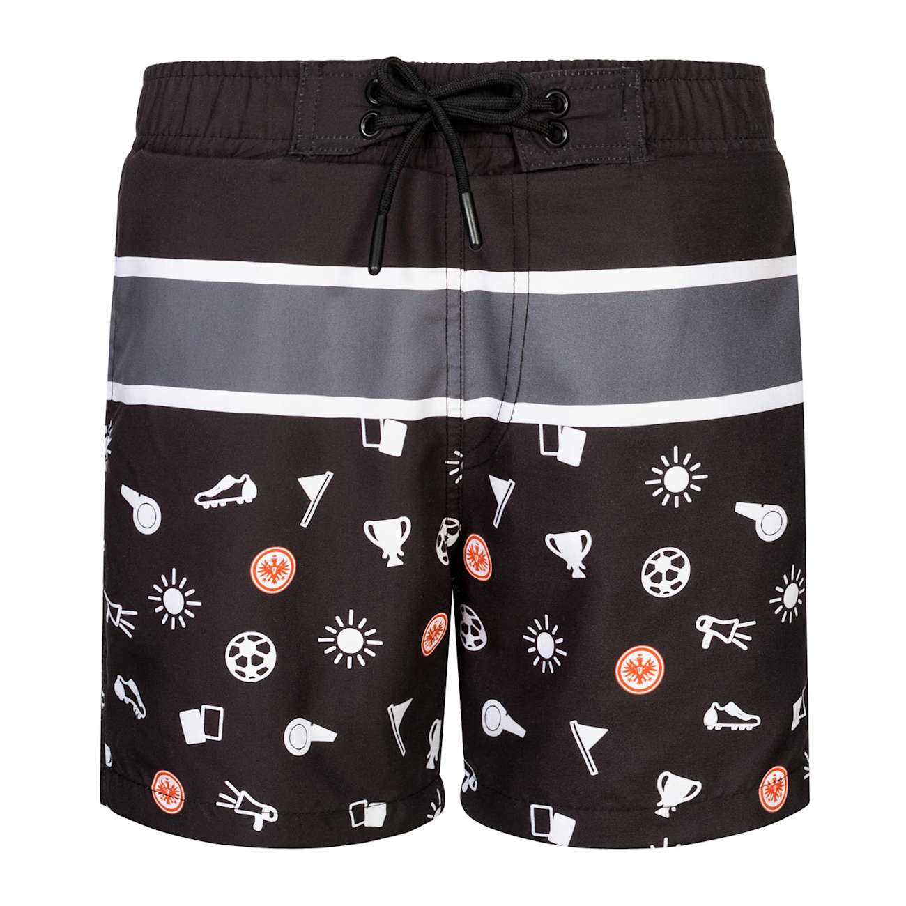 Bild Vorderseite: Schwarze Eintracht Frankfurt Badeshorts mit weißen und grauen Streifen, unten Icons und Eintracht Logo.