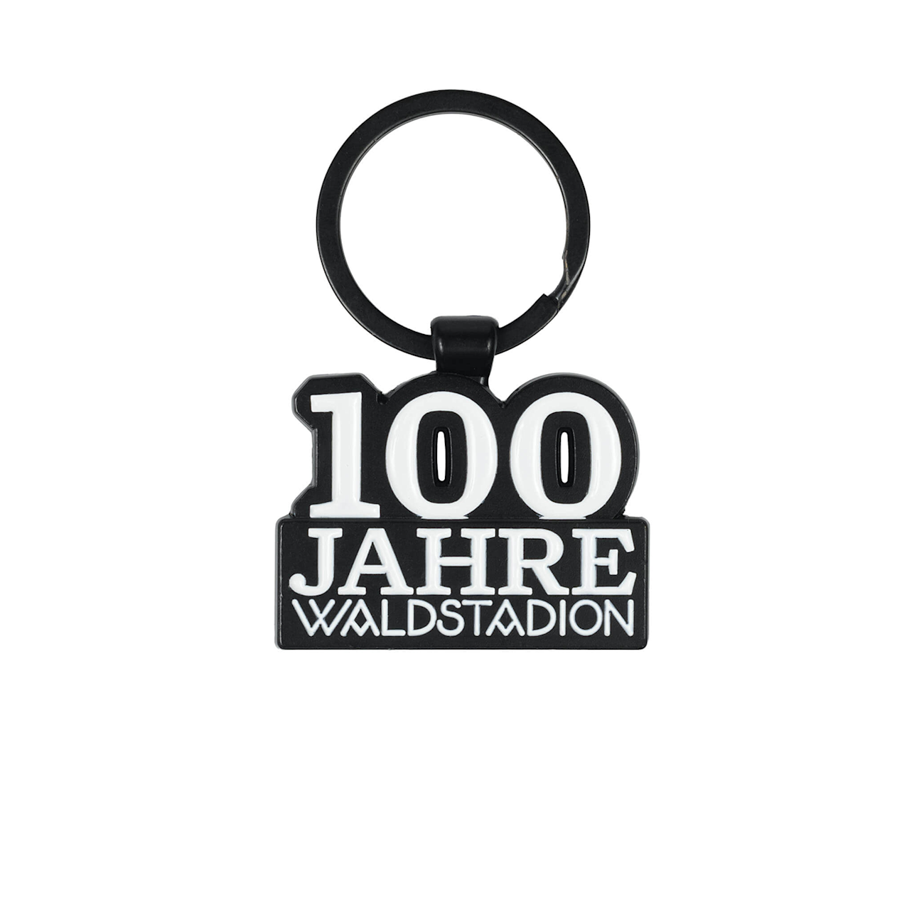 Schwarzer Schlüsselanhänger mit weißer Aufschrift „100 Jahre Waldstadion“ in Blockoptik.