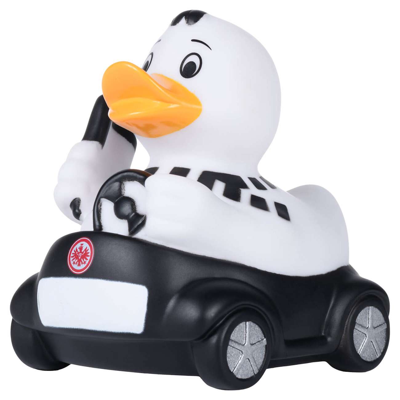 Schräg von vorne rechts: Eintracht Frankfurt Autokorso-Badeente in Schwarz-Weiß mit orangefarbenem Schnabel.