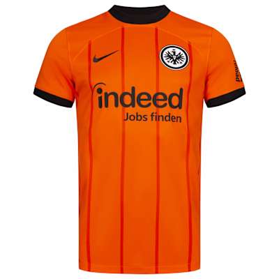 Eintracht Frankfurt Ausweichtrikot 2024/25 in Orange mit schwarzen Details und vertikalen Streifen. Trikot Ausweich 24