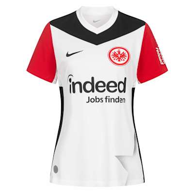 Damen-Heimtrikot 2024/25 von Eintracht Frankfurt in Weiß mit schwarzen und roten Akzenten sowie Eintracht-Logo. Damen Trikot Heim 24