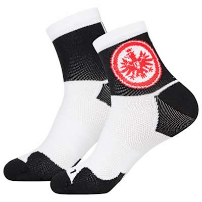 Schwarz-weiße Eintracht Frankfurt Socken mit rotem Adler-Logo. Trekking Socke Logo Weiß