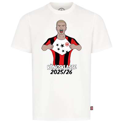 Weißes Shirt mit Stilisierter Spielerdarstellung und „Königsklasse 2025/26”-Schriftzug darunter. T-Shirt Entfesselt