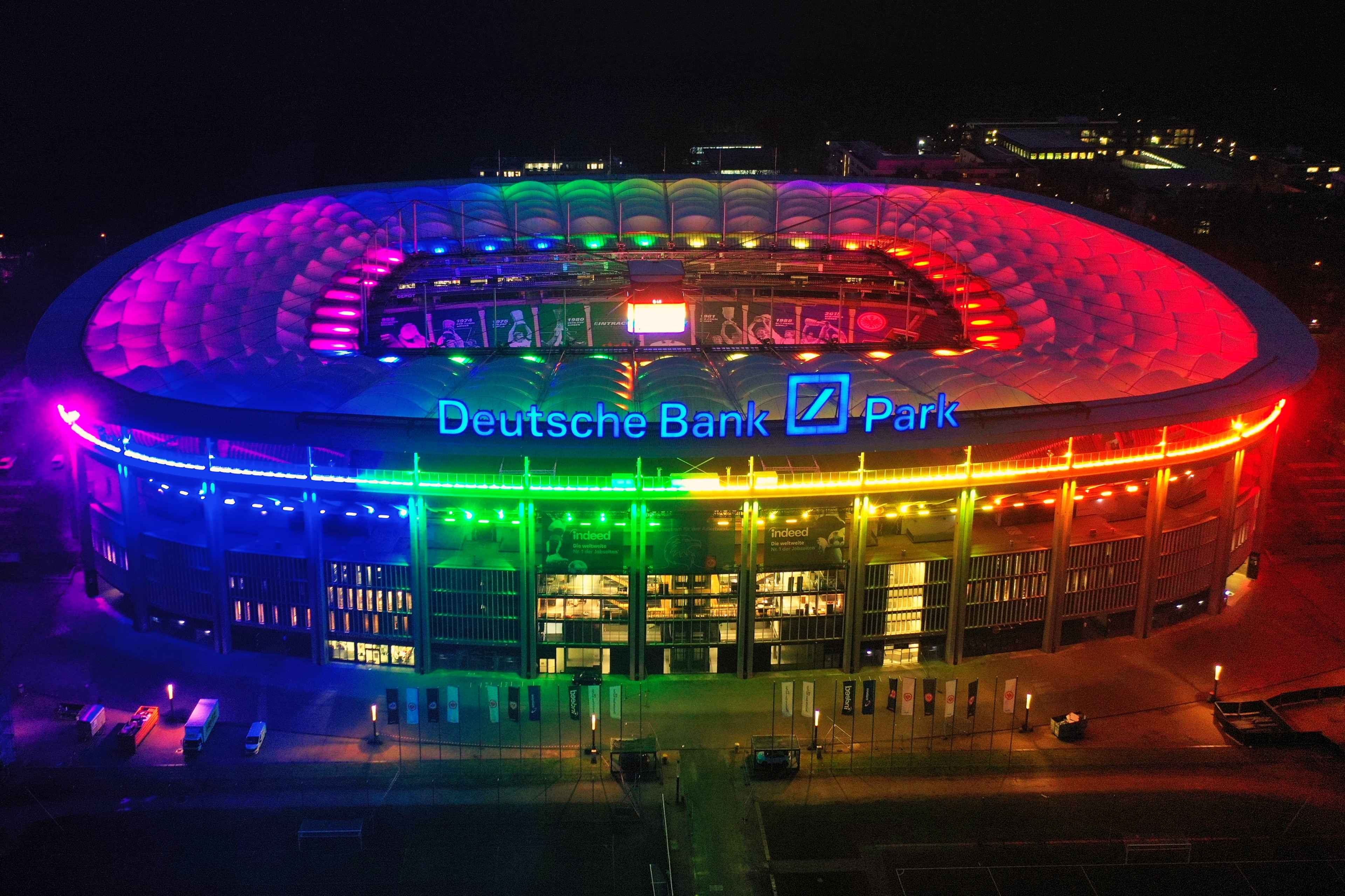 Deutsche Bank Park lighting up in rainbow colours Eintracht Frankfurt