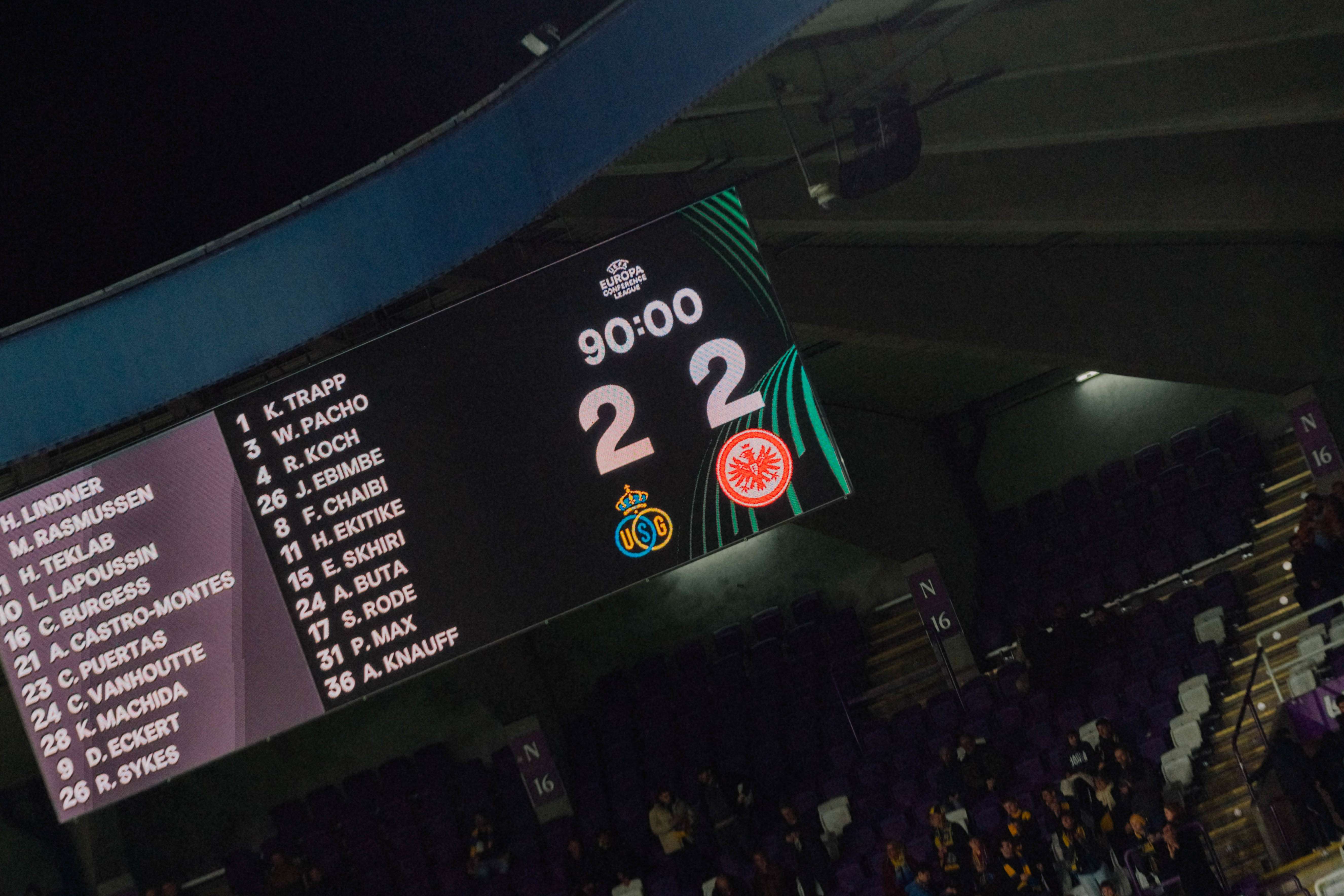 2:2 nach dem Hinspiel zwischen der Royale Union Saint-Gilloise und Eintracht Frankfurt. 2:2 nach dem Hinspiel zwischen der Royale Union Saint-Gilloise und Eintracht Frankfurt.