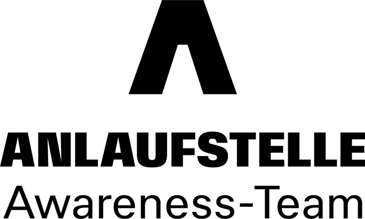 Das Logo der Anlaufstelle. Oben befindet sich ein stilisiertes schwarzes A. Darunter steht in fetter, schwarzer Schrift ANLAUFSTELLE und in einer kleineren, normalen Schrift Awareness-Team.